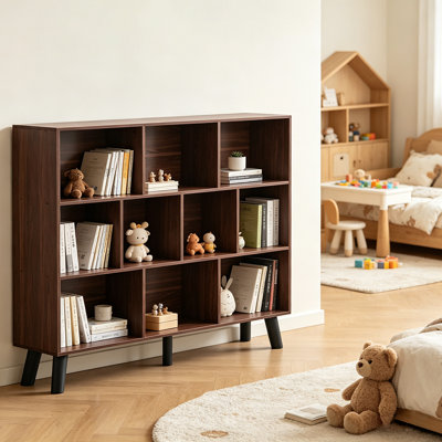 3 Tier Vintage Wide Bookcase With Legs, Mid-Century Wood Freestanding Organizer Display Shelf, 10 Cube Bookshelf