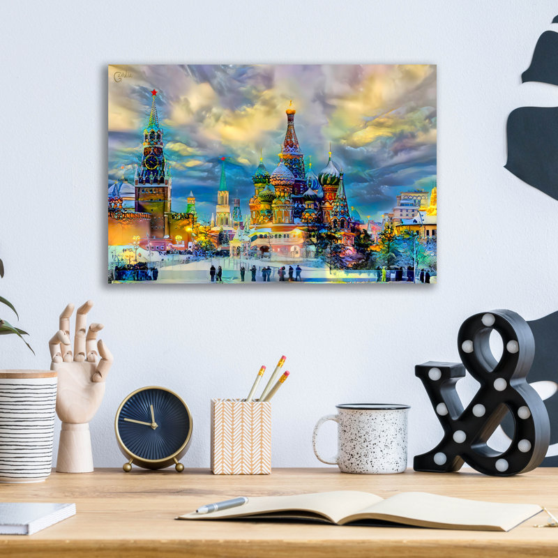 «Cathédrale Saint-Basile, Kremlin, place rouge, glace, neige et patinage» par Pierre Gavidia, H 12 po x l 16 po x P 0,13 po