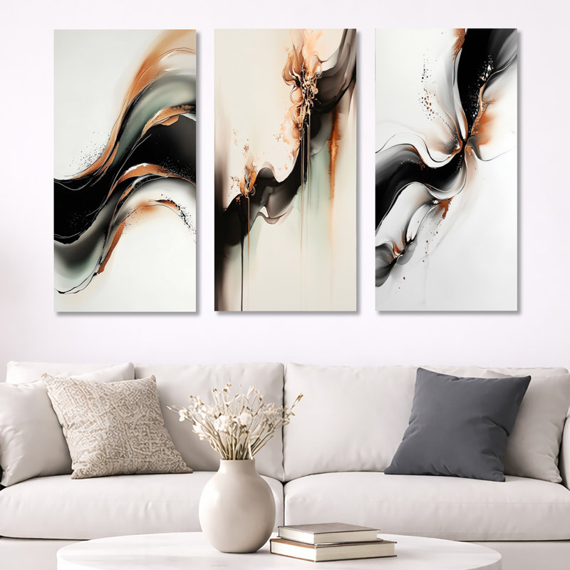 Quantum Flux of Marble Storm - ensemble d'art mural encadré en marbre gris abstrait de 3, H 32 po x l 48 po, Wrapped Canvas