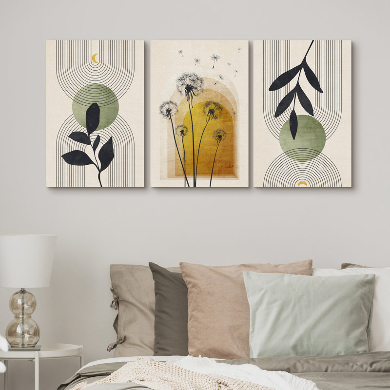 Mid Century Modern Boho "Vibrant Green Yellow Abstract Dandelion Artwork, Modern Chic Living Room Wall Pictures, Large Framed Canvas Giclee Print 3 Pieces Wall Art Set"  16"x24"x3 pcs, 24"x36"x3 pcs