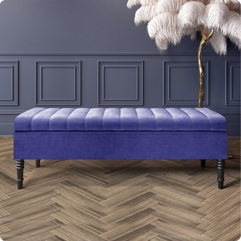 Safar Striped Ottoman Storage Bench – Upholstery Naples Shoe Bench with Black Turned Wooden Legs, Blue
