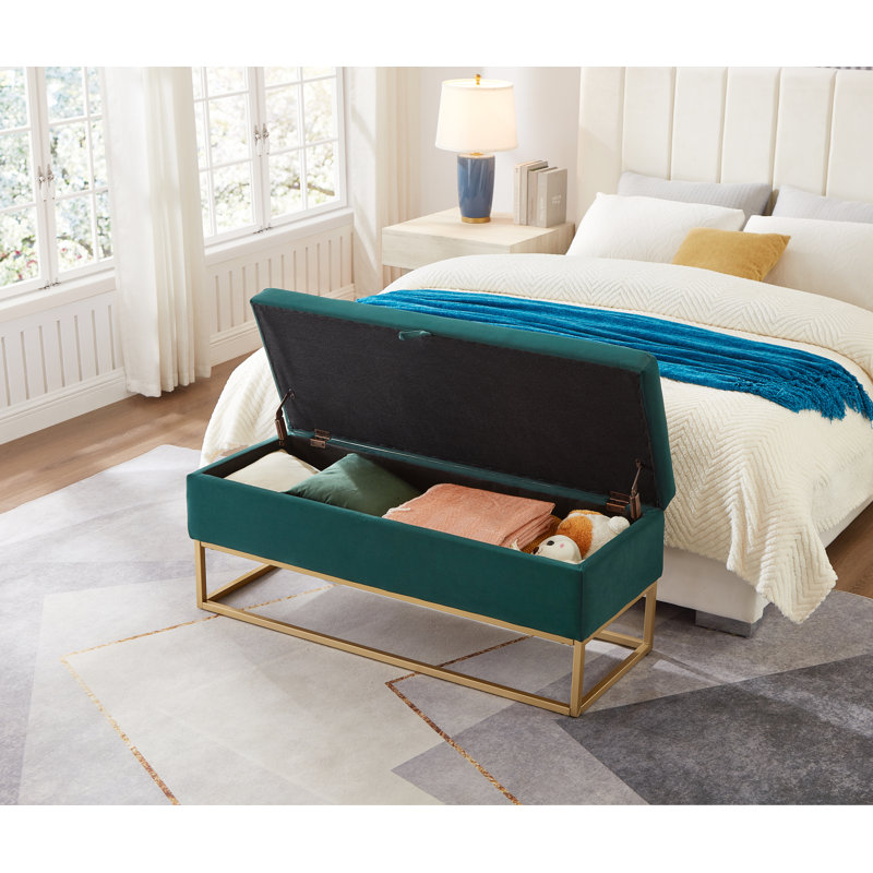 Jiayi 46.1'' Velvet Upholstered Storage Bench, Gold, Green
