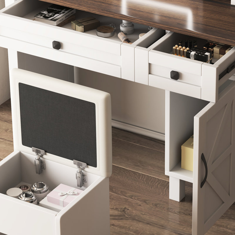 Coiffeuse de style avec tablettes spacieuses, lumières et séchoir à cheveux, bureau, miroir coulissant et rangement