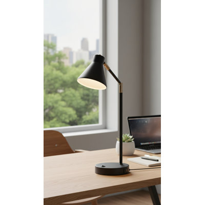 Black All-Metal LED Desk Lamp With Dual USB Charging Ports, 270° Rotating Arm, And 3000K Soft White Light. Perfect For Bedside Tables And Office Use.