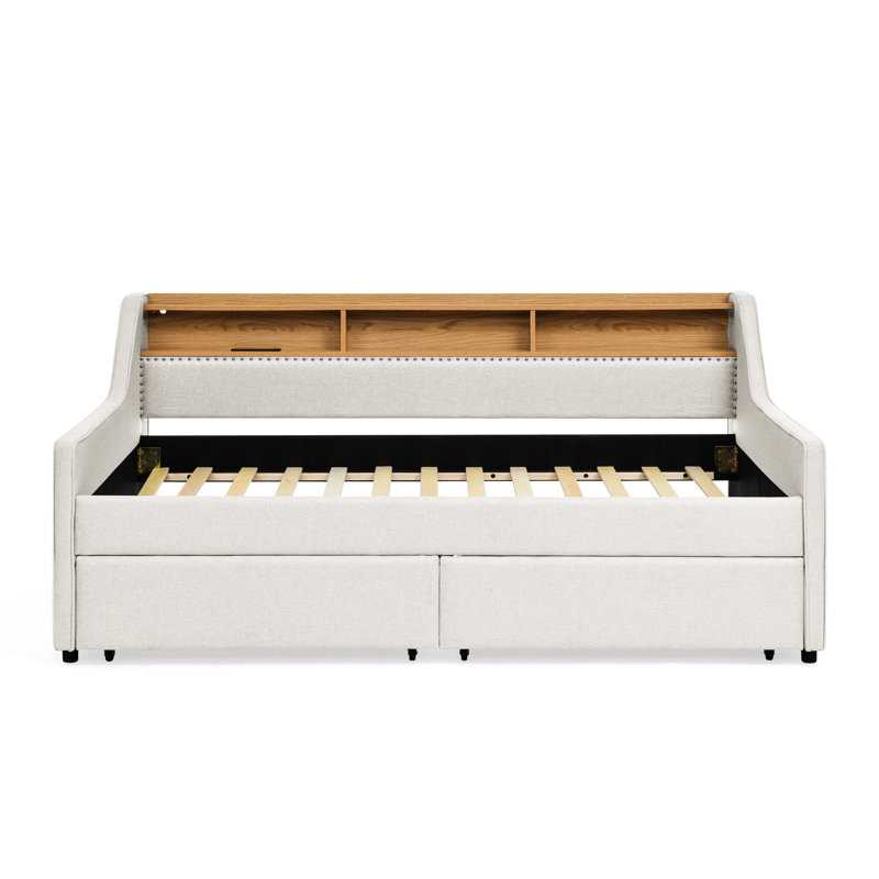 Lit simple tapissier beige, chargement sans fil, 3 lumières à DEL, 2 tiroirs de rangement, lit de tête de lit ajustable avec revêtement en lin, support, rangement,