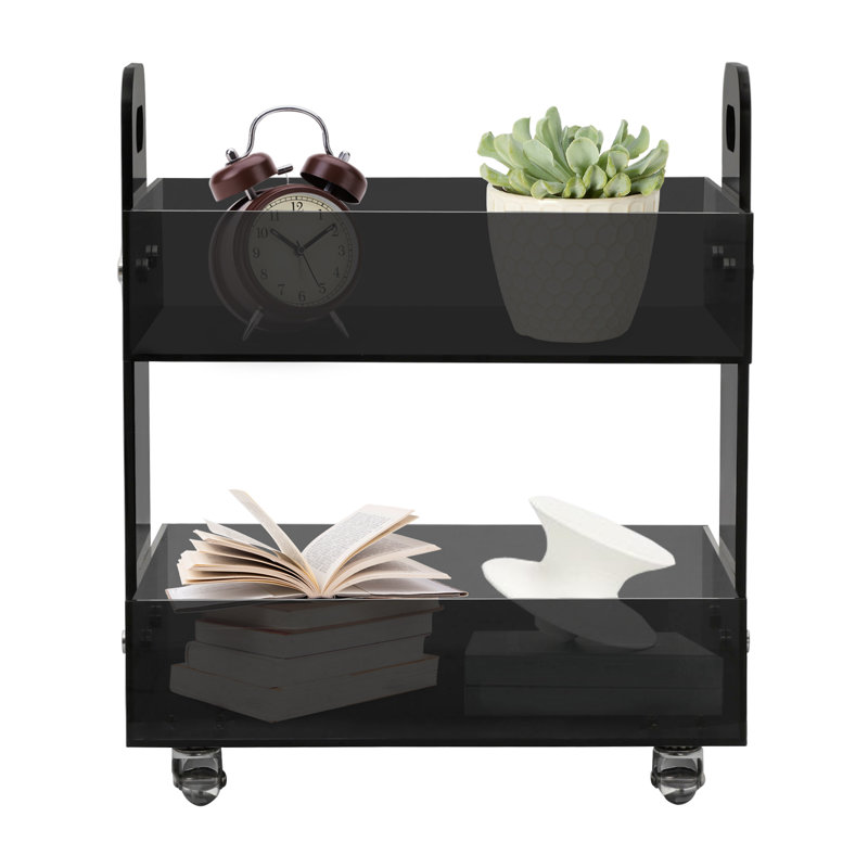 2-Layer Freestanding Half-Clear Acrylic Side Table Storage Rack With 4 Wheels Black, Black