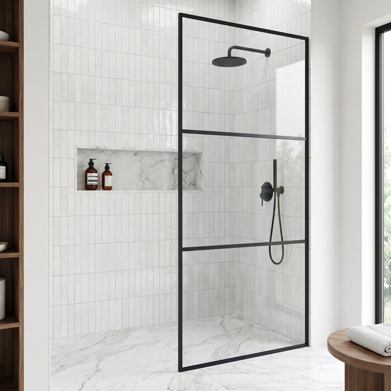 Paroi de douche fixe encadrée divisée l 34 po x H 74 po avec verre rayé 3/8 po, Noir mat transparent