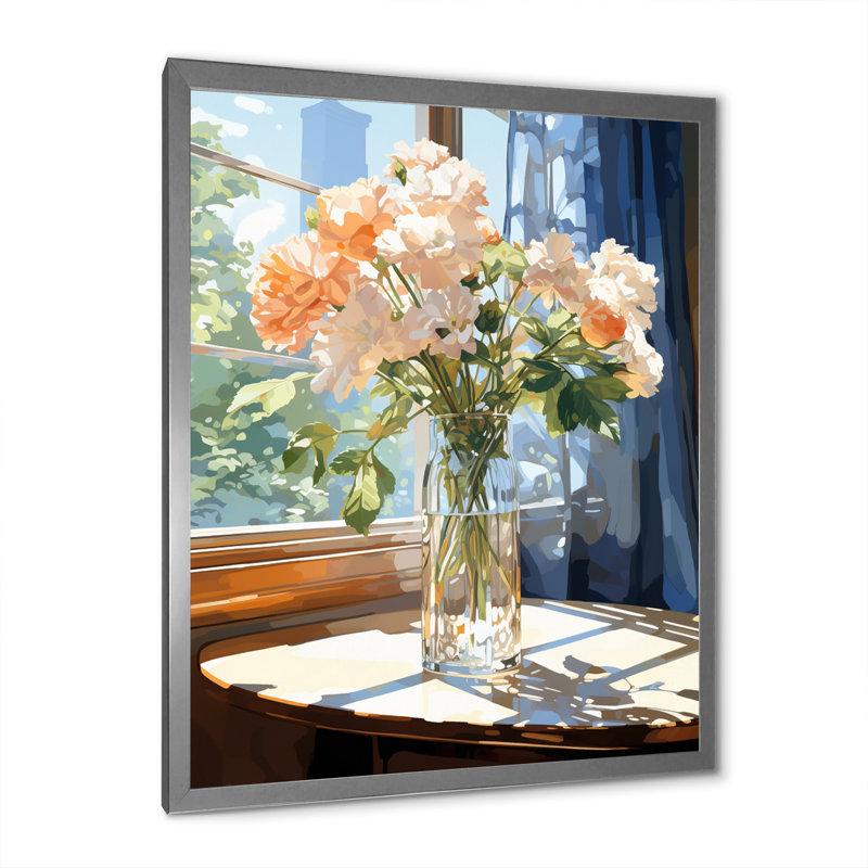 Belles fleurs roses dans un vase ensoleillé I sur toile, H 40 po x l 30 po x P 1,5 po, Cadre simple argenté