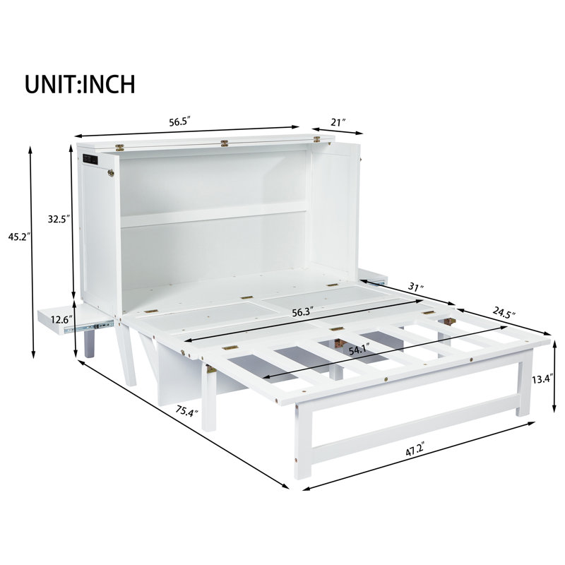 Lit escamotable pleine grandeur avec tablettes port USB de chaque côté, lit escamotable en pin massif, White