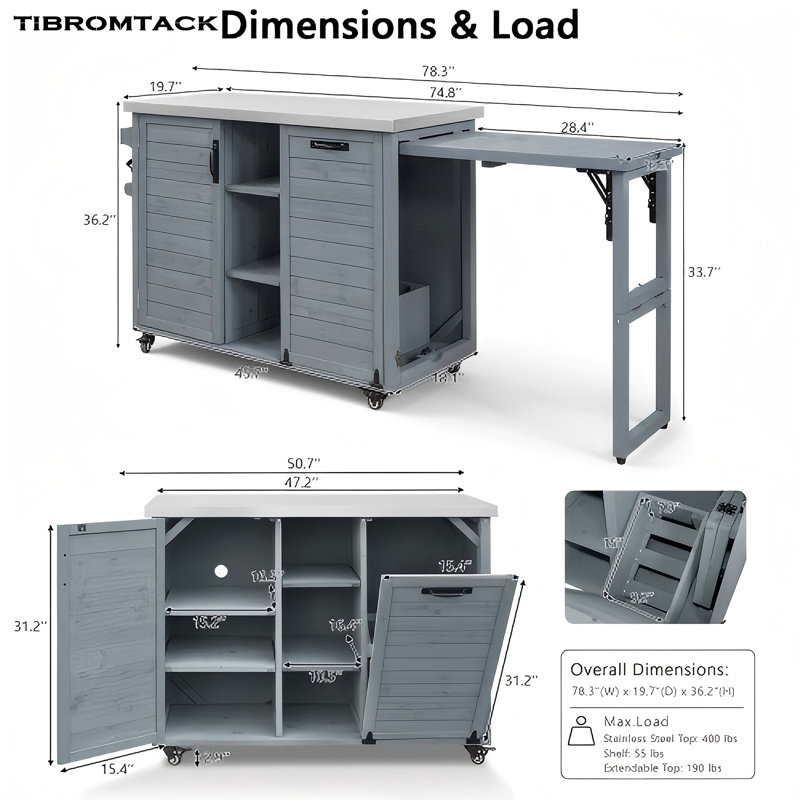 78.3 in. Outdoor Kitchen Island with Foldable Grill Table, Solid Fir Wood & Stainless Steel Top, Trash Can Cabinet, 5 Locking Casters, 400 lbs Capacity, Gray Blue