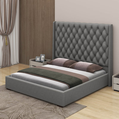 67.5" Tall Headboard Upholstered King Size Bed With Handmade Deep Button Tufted