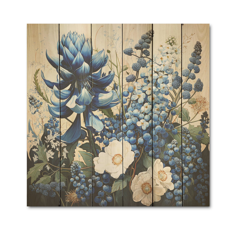 Blue Bonnets, fleurs blanches - Blue Bonnets, art mural sur bois de pin naturel, H 36 po x l 36 po