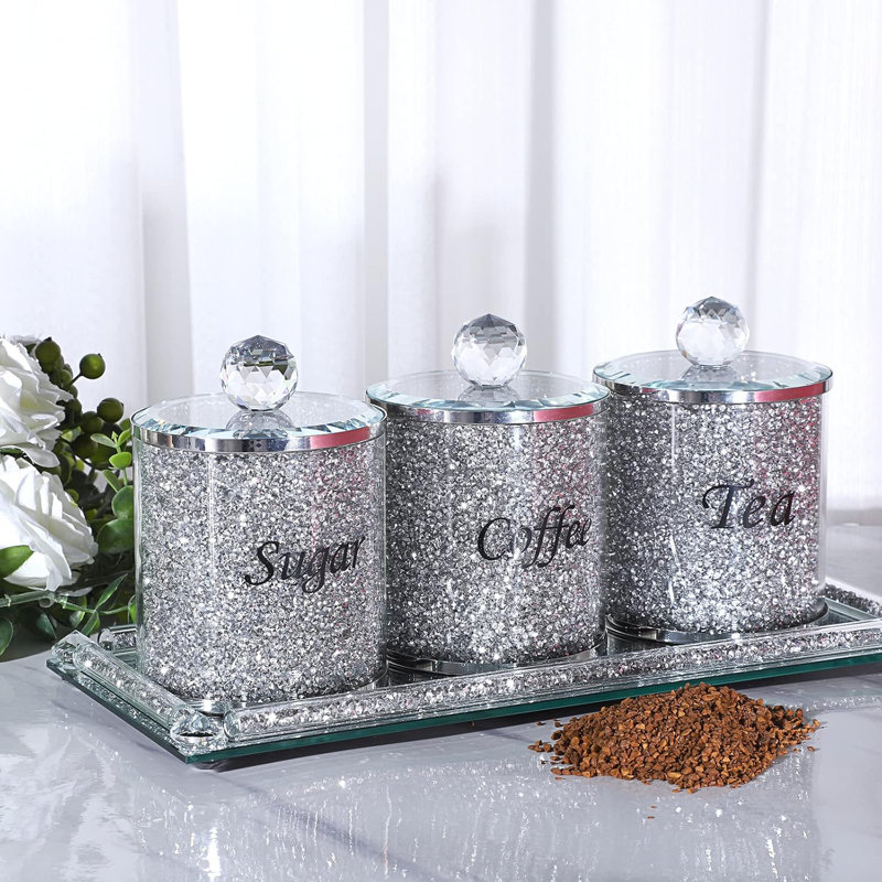 Set Of 4 Sparky Glass Crushed Diamonds Canisters Set For Sugar Coffee Tea Features Tray, Luxurious Storage Containers Sets With Lids Decorative Storage Pots For Kitchen Counter Dining Room