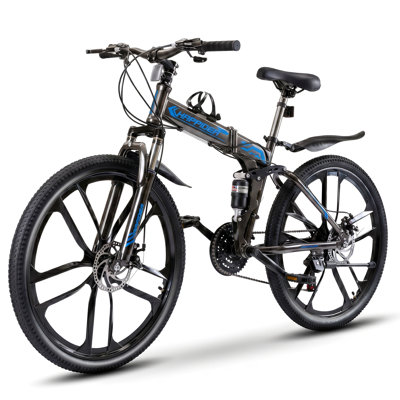Vélo de montagne pliant de 26 pouces, vélo à cadre en acier à haute teneur en carbone à 21 vitesses avec deux freins à disque, fourche à suspension épaisse et pneus tout-terrain antidérapants, vélo de banlieue pliable pour adultes, noir
