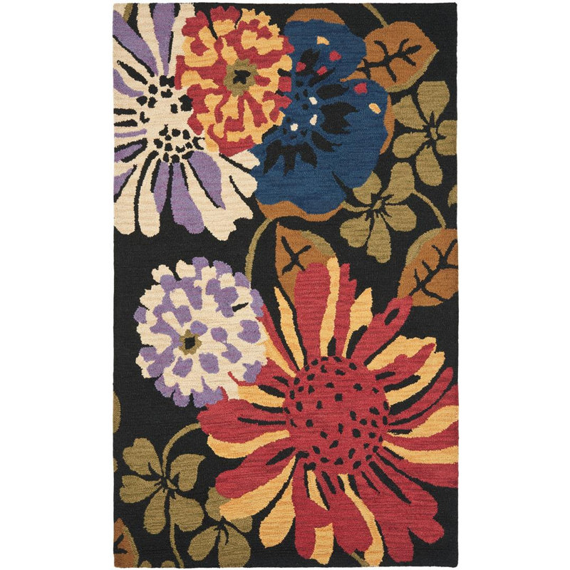 Handmade Black Floral Wool Tufted Area Rug 5' x 8'