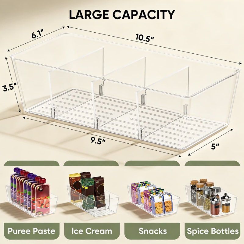 Bacs de rangement transparents empilables en plastique avec séparateurs amovibles pour réfrigérateur, garde-manger et organisation de salle de bain | Conception sans BPA, durable et peu encombrante (paquet de 6)