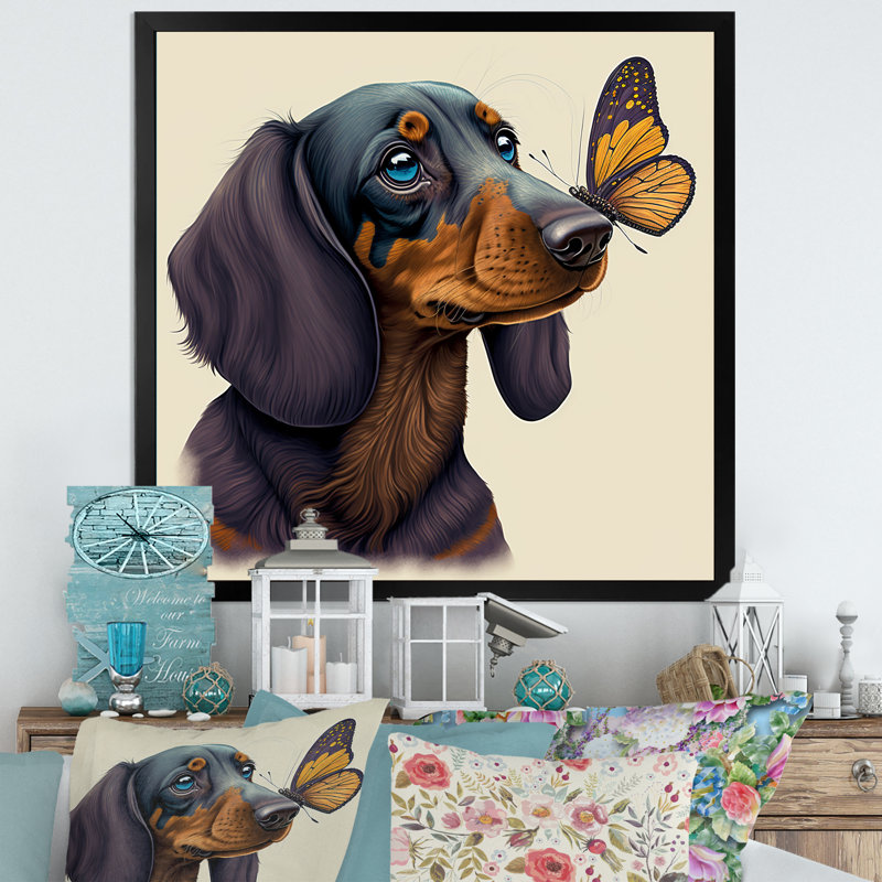 Caricature de bachshund avec papillon - reproduction sur toile, H 24 po x l 24 po x P 1 po
