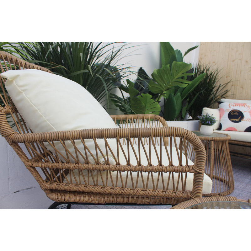 6PCS Outdoor Patio Balcony Natural Color Wicker Sofa Chair Set With Beige Cushion,Round Tempered Glass Table And Furniture Cover