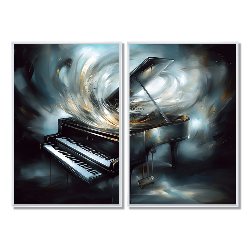 Piano abstrait I - musique surdimensionnée, art mural 2 panneaux, H 36 po x l 48 po, Impression encadrée flottante, Blanc
