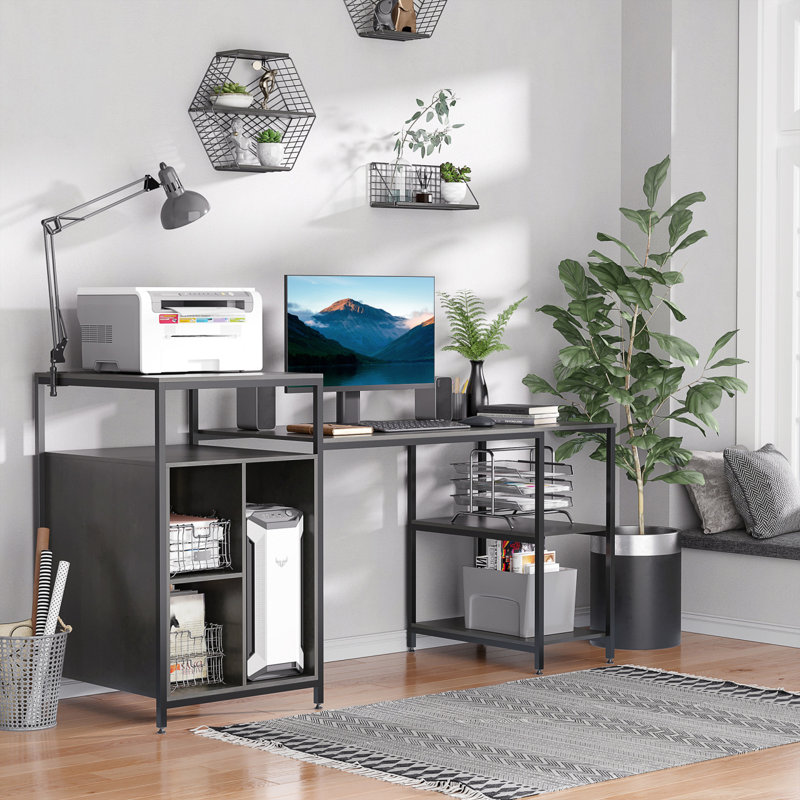 68 po. 68 po. Bureau d'ordinateur avec étagère de bureau, support pour unité centrale, tablettes de rangement spacieuses et design chic en grain de bois, gris