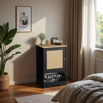 Station d'alimentation avec 1 armoire de rangement, station d'alimentation pour animaux avec 2 bols surélevés pour chien, crochets latéraux