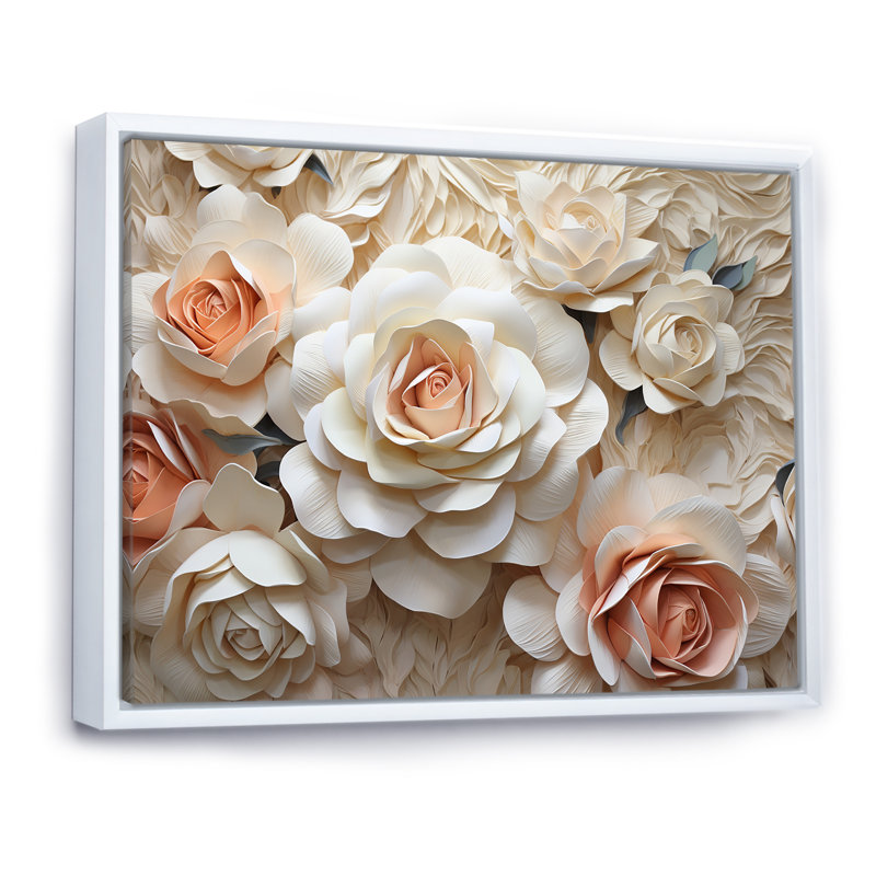 «Minimalisme Beige Roses Passion» - art mural sur toile Roses, Cadre flottant blanc, H 30 po x l 40 po x P 1,5 po
