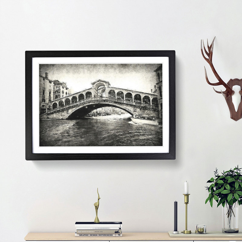 Rialto Bridge Venice Italy - Framed Print, 62cm H x 87cm W x 2cm D, Black Framed
