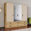Rajish Modern wardrobe with 4 doors, 6 drawers, mirror, clothing rail and shelves, engineered wood, warm oak decor/beige, 205.9 cm W x 200.1 cm H x 52.7 cm D