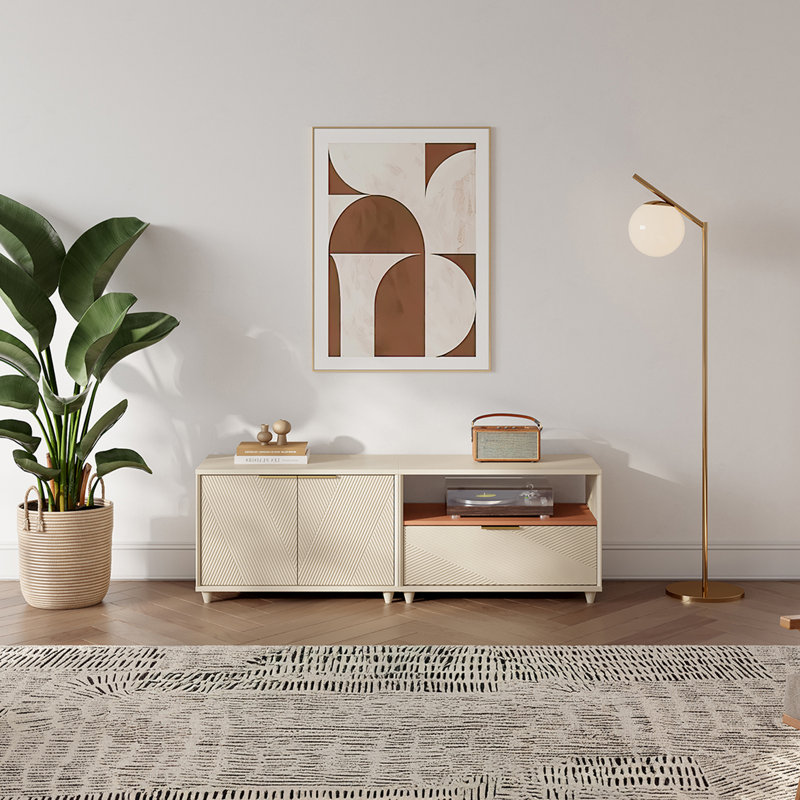 Meuble télé moderne avec rangement, Beige, 19.7" H x 59.1" L x 15.8" W