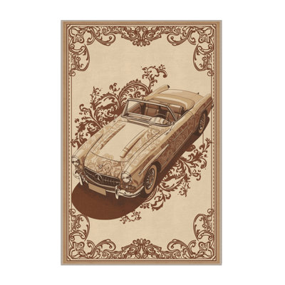 Machine Washable Vehicles And Transportation Vintage Convertible Car Vintage Damask Rug in Beige – Beige Binding