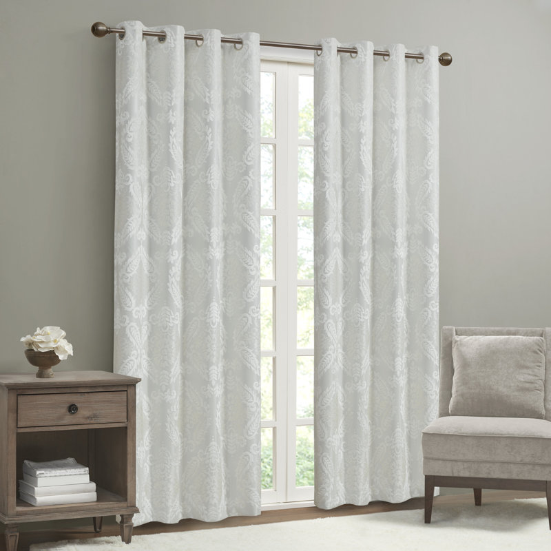Amelia White Knitted Jacquard Paisley Total Blackout Grommet Top Single 50x108" Curtain Panel, White, 50" W x 108" L