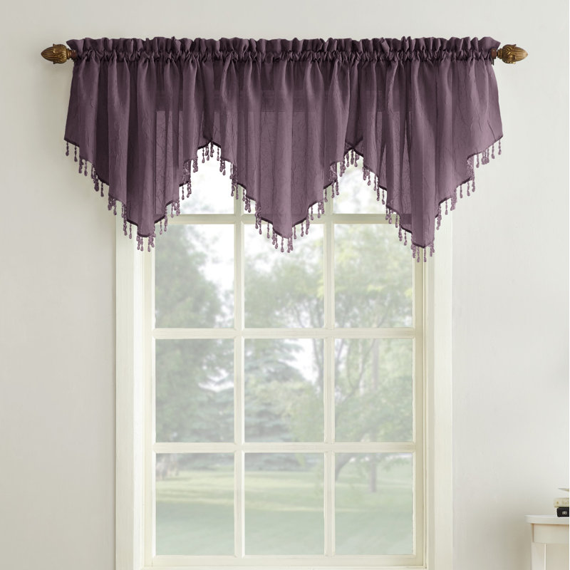 Mardis Beaded Tassels Crushed Sheer Voile Ascot Window Valance, Purple
