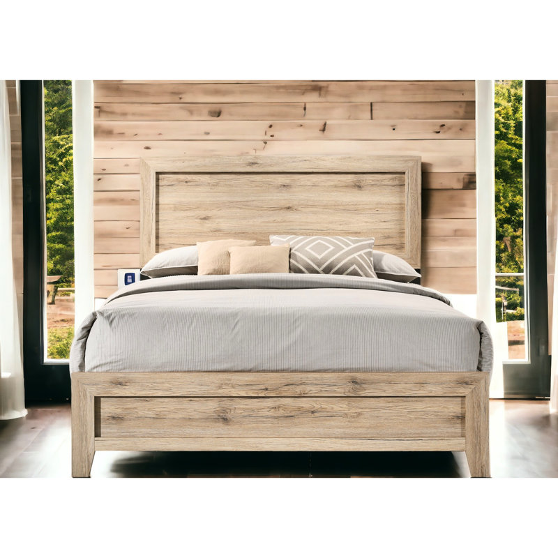 Grand lit naturel pour une ambiance de chambre à coucher tranquille avec tête de lit à panneau et mécanisme de glissière en métal