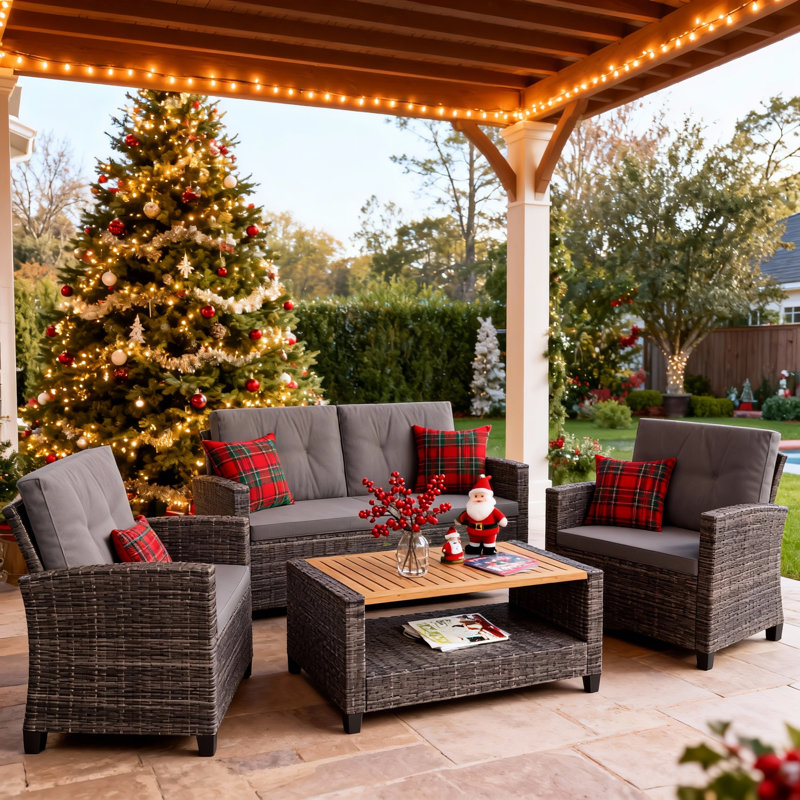 4-Person Rattan Patio Furniture Set, Outdoor Conversation Set With Cushions For Seating, Gray Cushion/Gray Frame