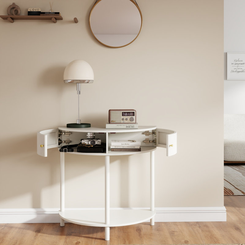 Console demi-lune crème, table de bout demi-lune à motif de vagues Artisan avec 2 tiroirs de rangement et tablette inférieure pour le hall d'entrée, le salon et la chambre à coucher