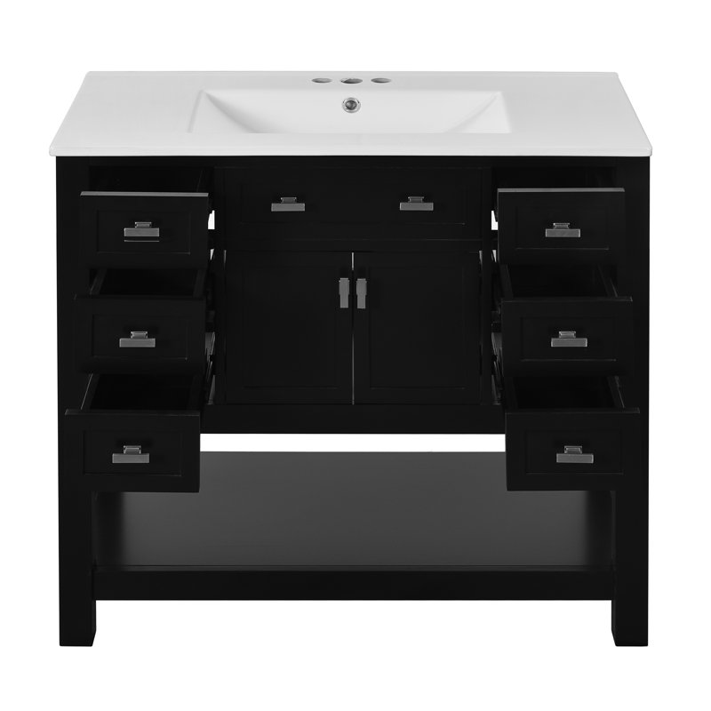  Vanity with Sink, Modern Bathroom Cabinet with 2 Doors and 6 Drawers, Freestanding Storage Design, Noir