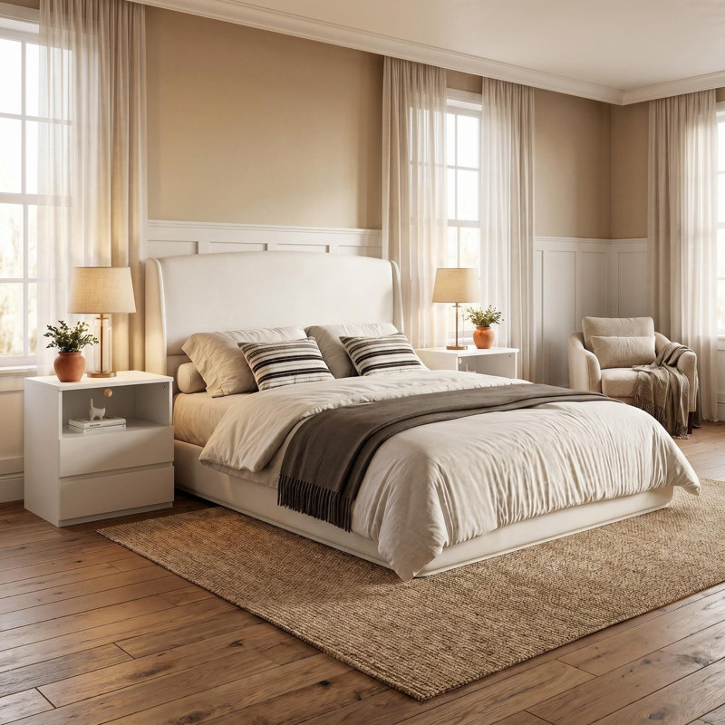 Ensemble de chambre à coucher 3 pièces, cadre de lit rembourré avec tête de lit à oreilles, ensemble de 2 tables de chevet en bois avec station de recharge USB C rapide