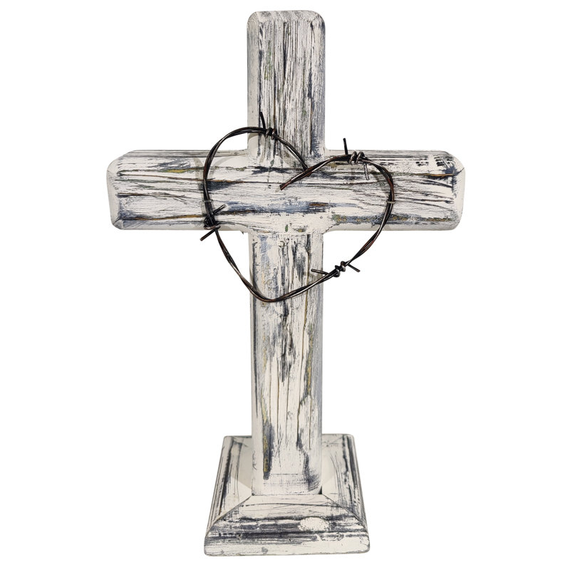 Devanhi Barbwire Heart Distressed Wood Standing Cross