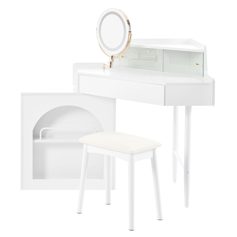 Corner Makeup Vanity Desk With Adjustable Folding Mirror, 3-color Led Lighting, Adequate Storage And Stool