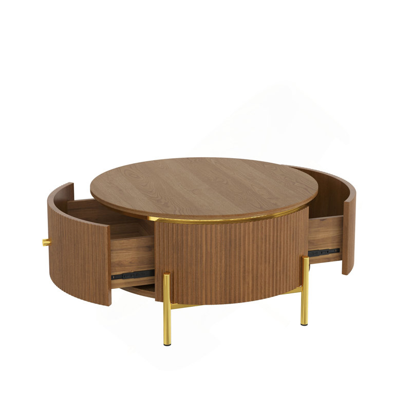 Table basse ronde moderne avec 2 grands tiroirs de rangement, brun, 31,5 po