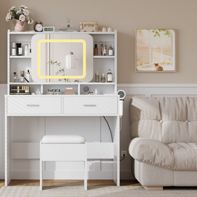 Bureau de coiffeuse avec miroir coulissant, coiffeuse de maquillage moderne avec station de charge, 2 tiroirs et tabouret moelleux, 3 coiffeuses réglables pour la chambre à coucher