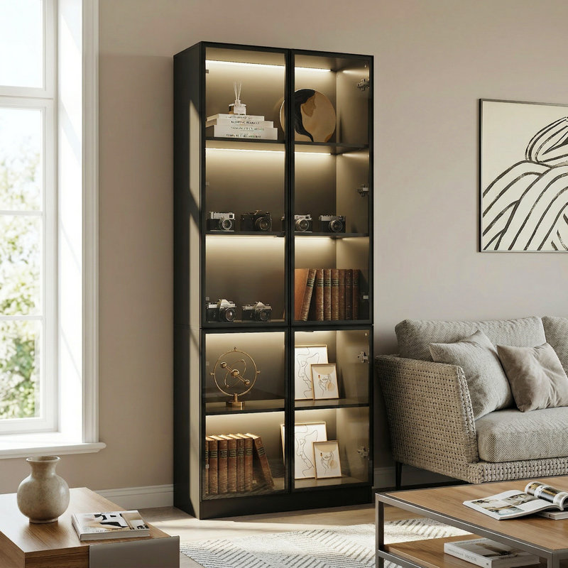 5-Shelf Display Cabinet with 3-Color LED Lights, Tempered Glass Door & Push-to-Open Design, Black