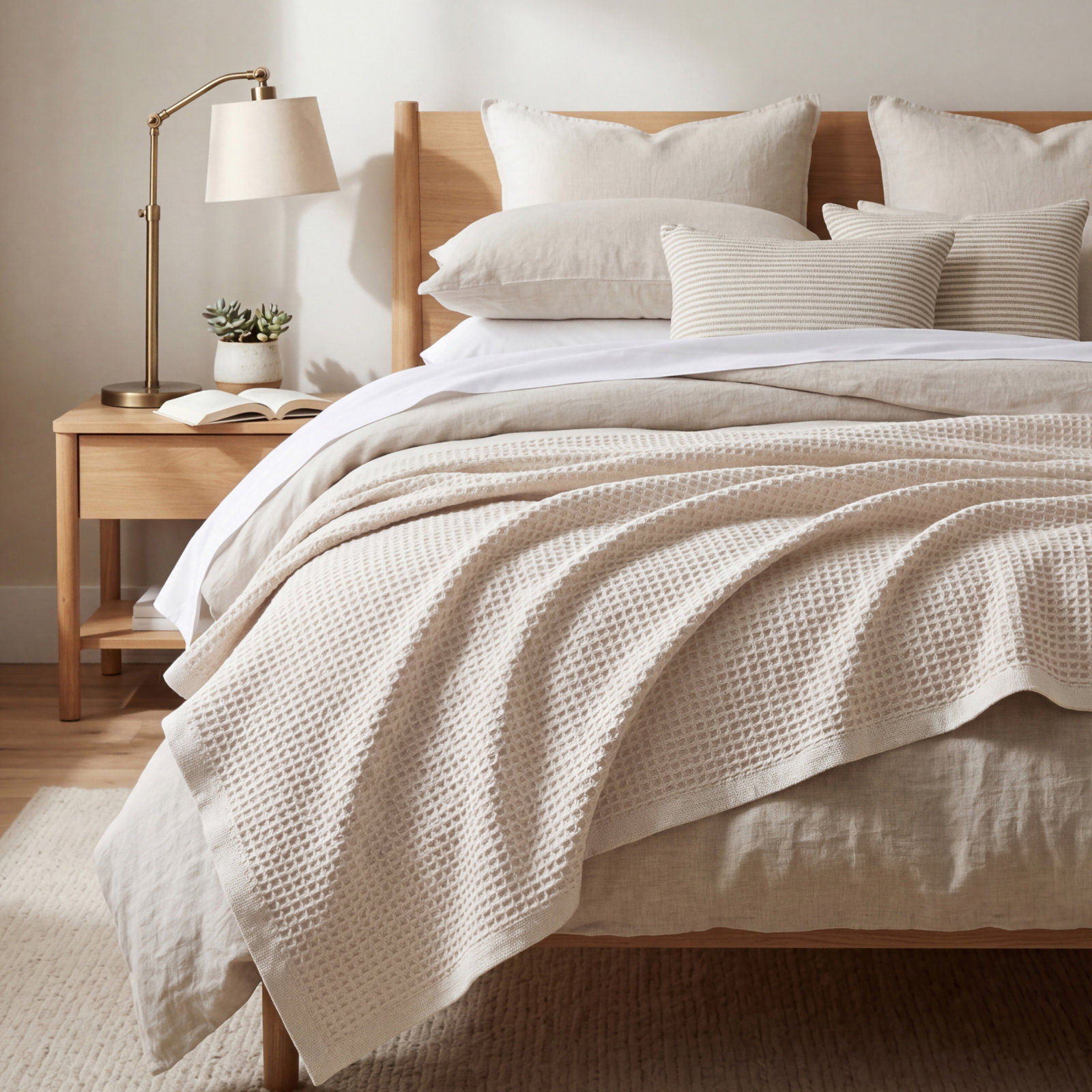 Bedsure Cotton Waffle Weave Throw Blanket, Beige, King