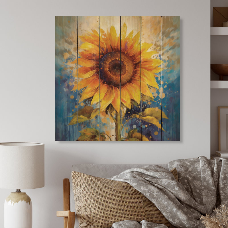 Bixuan jaune, bleu, tournesols dorés II - impression sur bois sans cadre, H 35 po x l 35 po x P 0,78 po