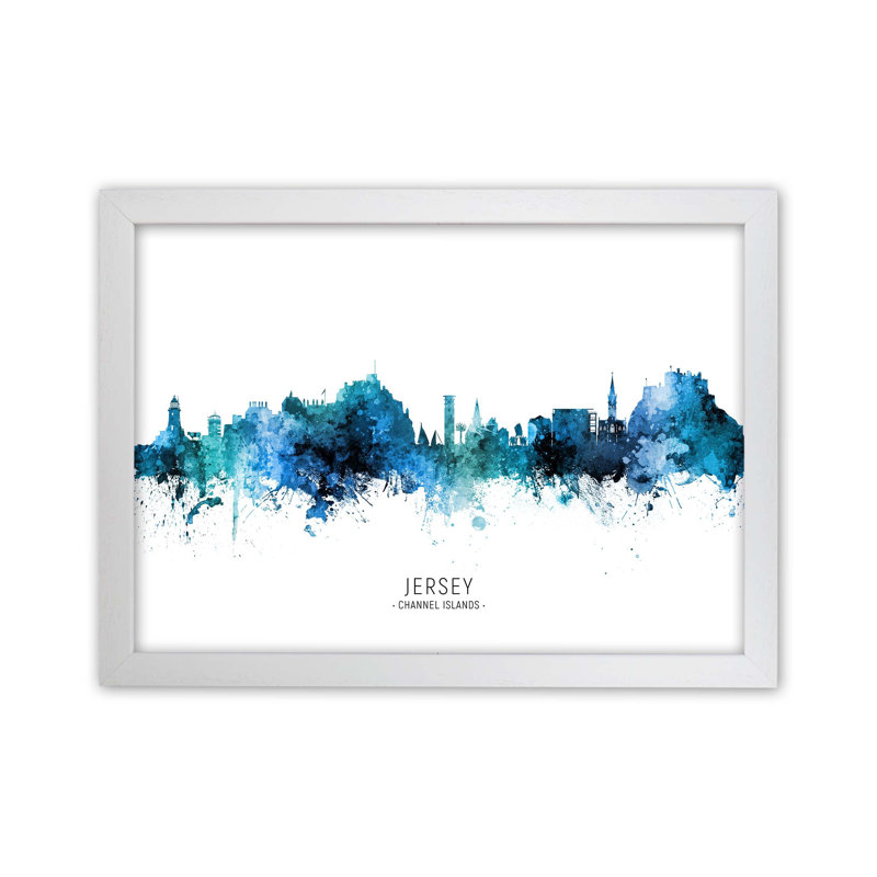 Jersey Channel Islands Skyline Blue City Name by Michael Tompsett - Print, 64cm H x 88cm W x 3cm D, White Framed