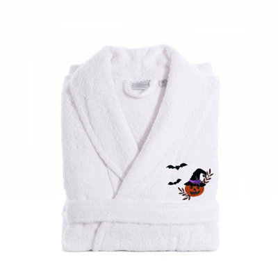 The Holiday Aisle® 100% Turkish Cotton Unisex Terry Embroidered Bath Robe - Pumpkin Head