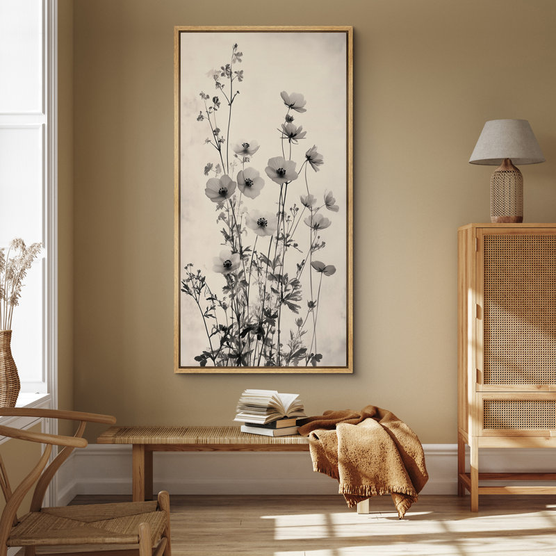 Reproduction botanique délicate de fleurs sauvages dans des tons neutres - grande reproduction d'art sur toile encadrée