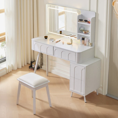 Modern Makeup Vanity Set with LED Mirror & 4 Drawers - 3-Color Dimmable Lights, Fluted Waveform Design, Space-Saving Dressing Table with Stool