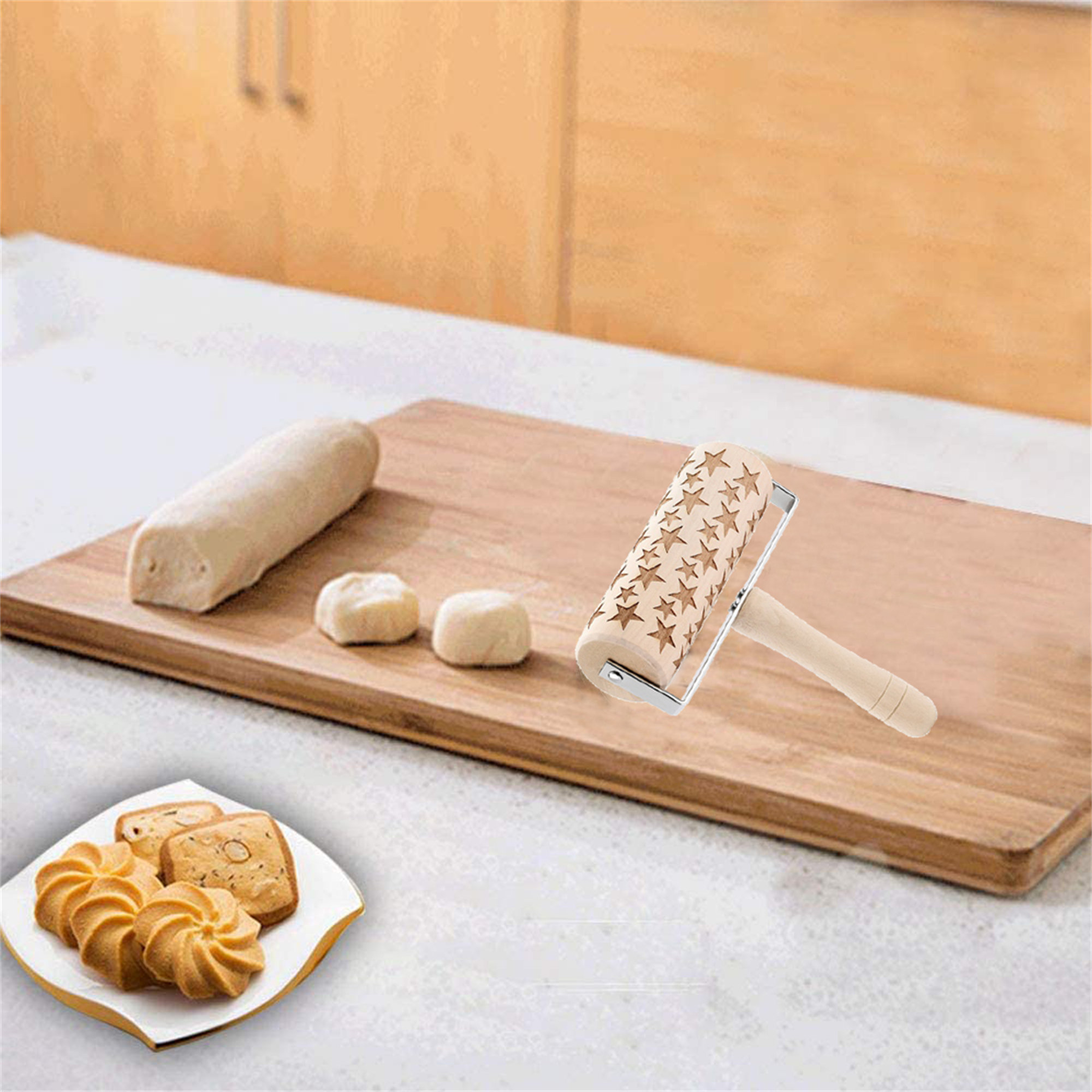 Wooden Rolling Pin Embossing Baking Cookie Noodle Biscuit Waffle