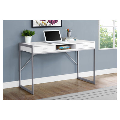 Bureau d'ordinateur 48 pouces blanc avec deux tiroirs de rangement et un cadre en métal argenté pour le bureau personnel